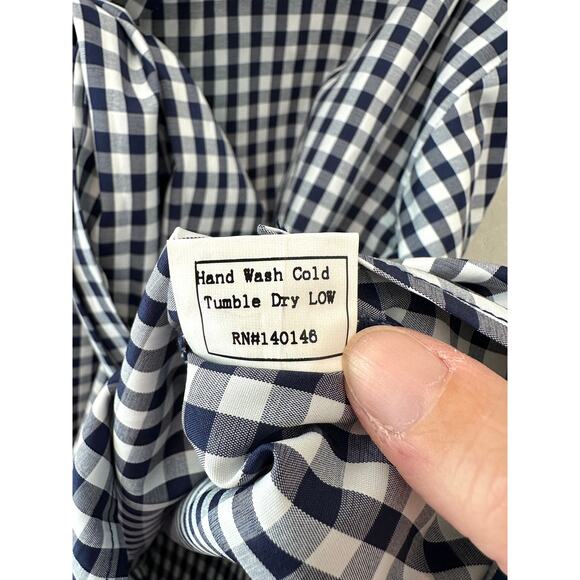 TOV | Navy Gingham Tie Front Bow Blouse Dramatic Balloon Sleeves | Size 38 - Picture 8 of 8